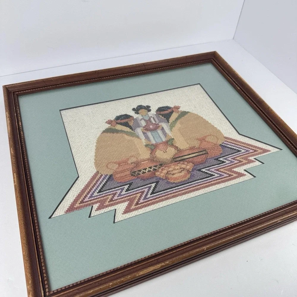 Framed Hand Stitched Needlepoint Southwest Figure Wall‎ Art Wood Frame 13x15